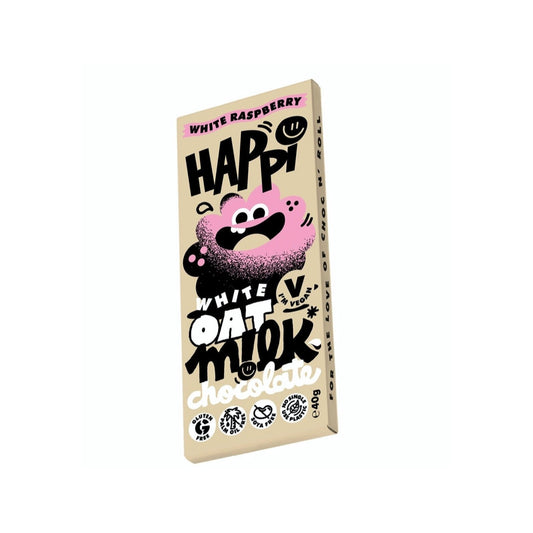 White Raspberry Happi Vegan Oat M!lk Chocolate Bar 40g. Packaging Front.