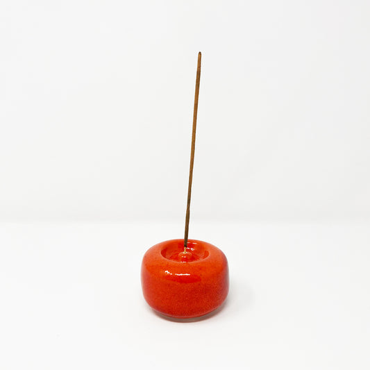 Red Round Incense holder. Ceramic SlipCast. Colourbox Studio. Front