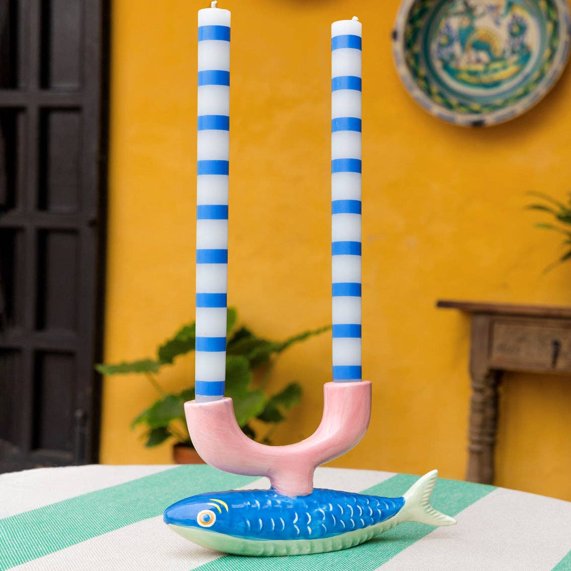 Blue & White Stripe Dinner Candle